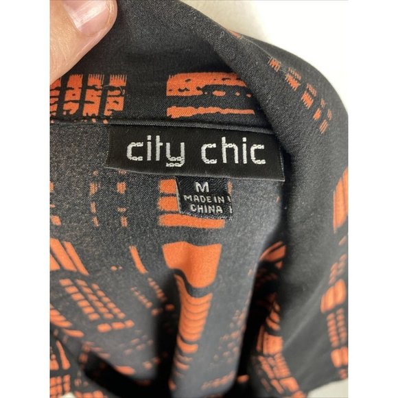 City Chic Size M Women's Tunic Dress Black Orange Geometric Zip up - Picture 9 of 9